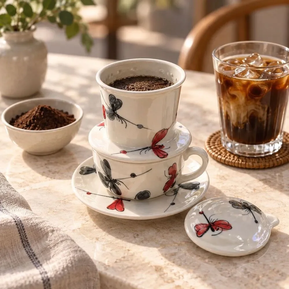 Bát Tràng Vietnamese Ceramic Phin Coffee Filter Cup Saucer Butterfly New